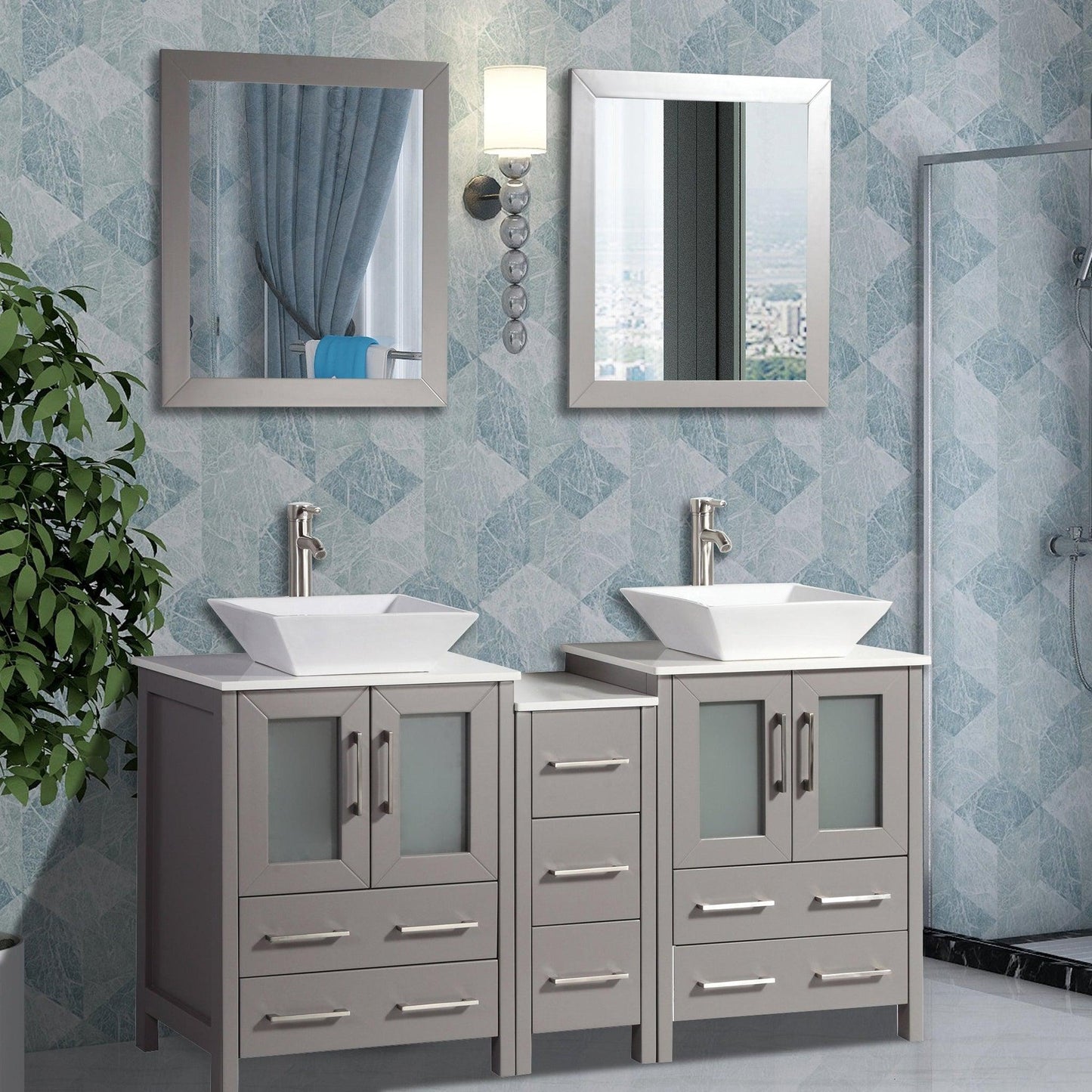 Vanity Art Ravenna 60" Double Gray Freestanding Vanity Set With White Engineered Marble Top, 2 Ceramic Vessel Sinks, 1 Side Cabinet and 2 Mirrors