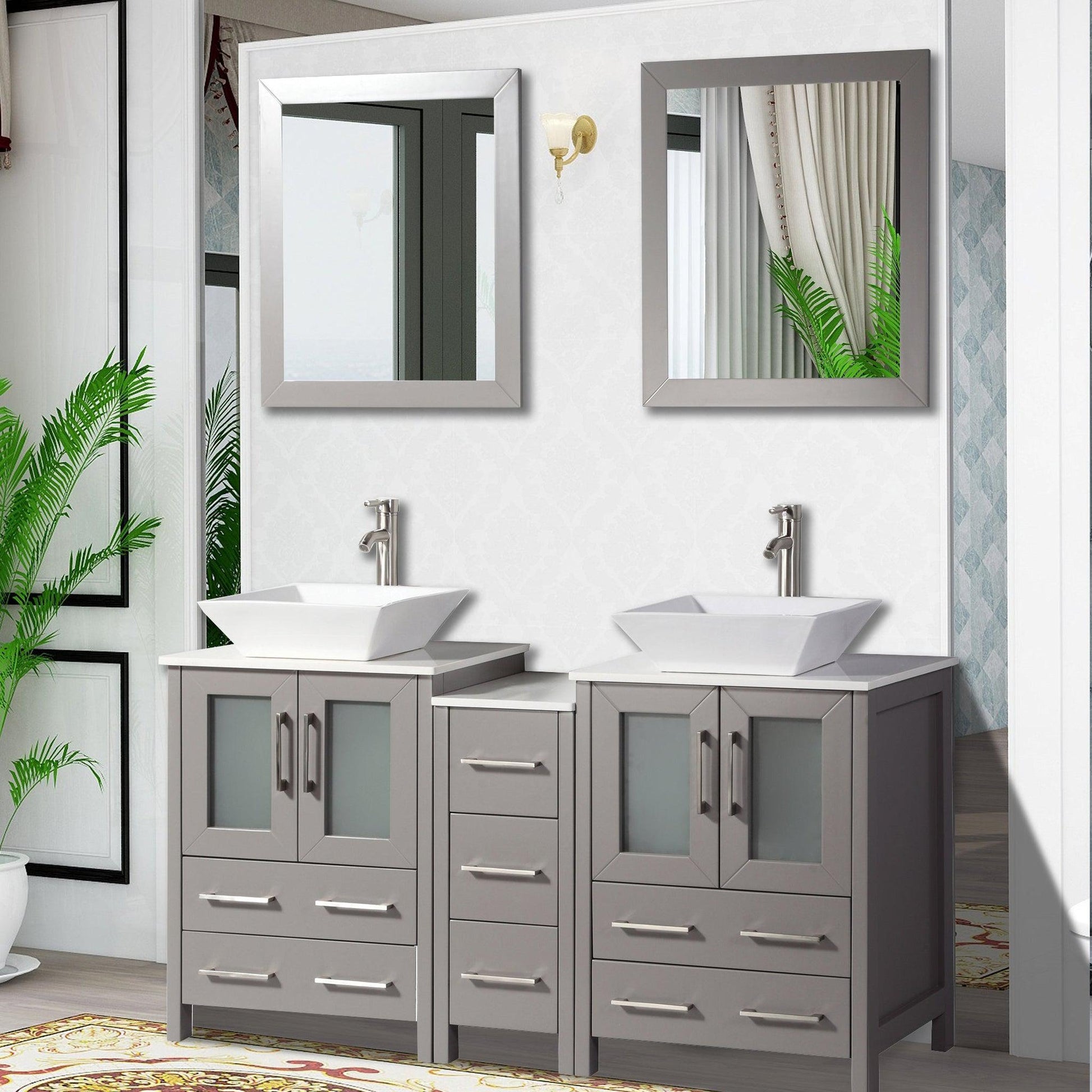 Vanity Art Ravenna 60" Double Gray Freestanding Vanity Set With White Engineered Marble Top, 2 Ceramic Vessel Sinks, 1 Side Cabinet and 2 Mirrors