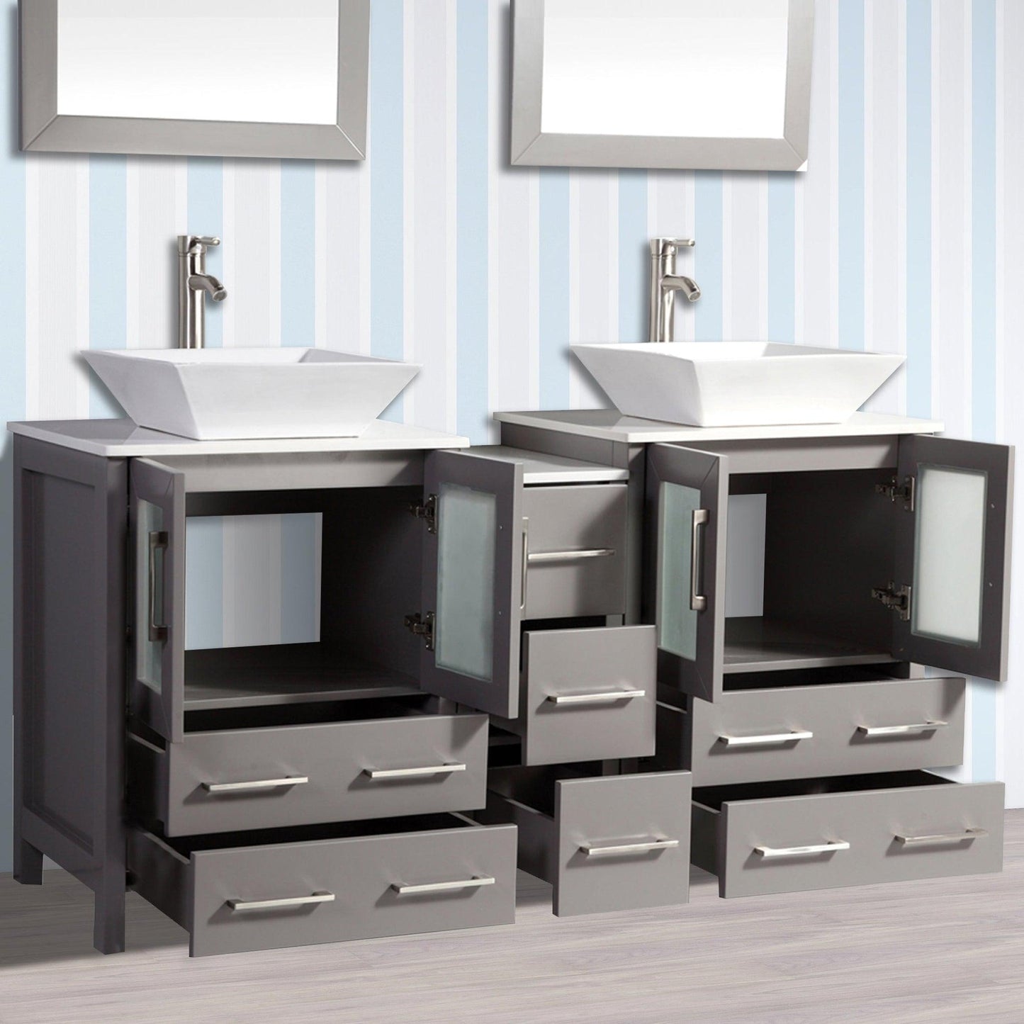 Vanity Art Ravenna 60" Double Gray Freestanding Vanity Set With White Engineered Marble Top, 2 Ceramic Vessel Sinks, 1 Side Cabinet and 2 Mirrors