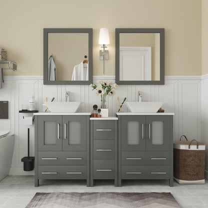 Vanity Art Ravenna 60" Double Gray Freestanding Vanity Set With White Engineered Marble Top, 2 Ceramic Vessel Sinks, 1 Side Cabinet and 2 Mirrors