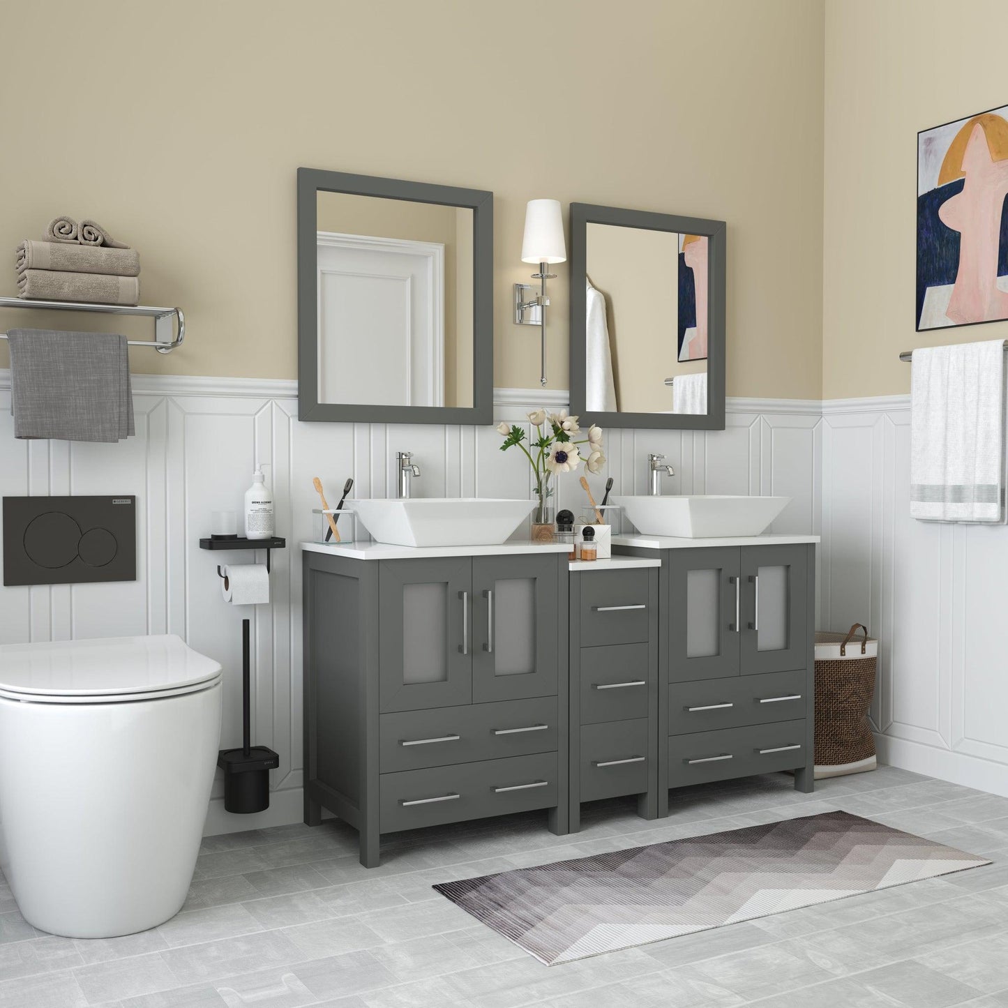 Vanity Art Ravenna 60" Double Gray Freestanding Vanity Set With White Engineered Marble Top, 2 Ceramic Vessel Sinks, 1 Side Cabinet and 2 Mirrors