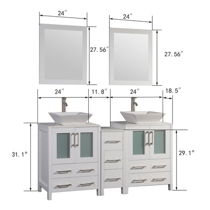 Vanity Art Ravenna 60" Double White Freestanding Vanity Set With White Engineered Marble Top, 2 Ceramic Vessel Sinks, 1 Side Cabinet and 2 Mirrors