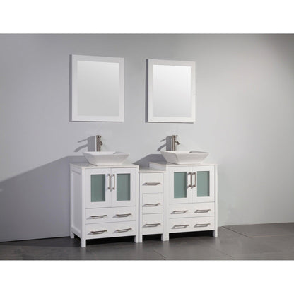 Vanity Art Ravenna 60" Double White Freestanding Vanity Set With White Engineered Marble Top, 2 Ceramic Vessel Sinks, 1 Side Cabinet and 2 Mirrors