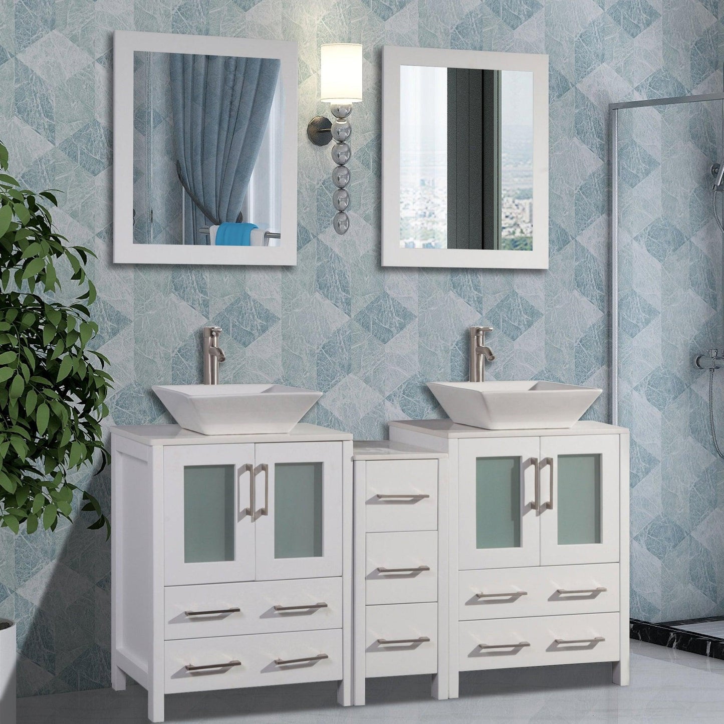 Vanity Art Ravenna 60" Double White Freestanding Vanity Set With White Engineered Marble Top, 2 Ceramic Vessel Sinks, 1 Side Cabinet and 2 Mirrors