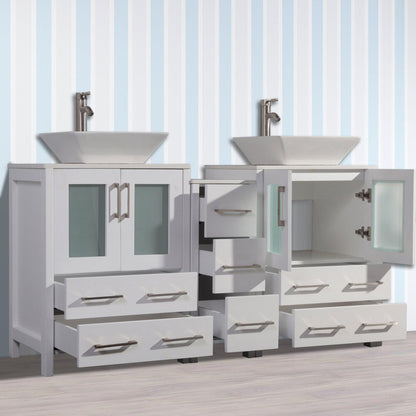 Vanity Art Ravenna 60" Double White Freestanding Vanity Set With White Engineered Marble Top, 2 Ceramic Vessel Sinks, 1 Side Cabinet and 2 Mirrors