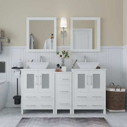 Vanity Art Ravenna 60" Double White Freestanding Vanity Set With White Engineered Marble Top, 2 Ceramic Vessel Sinks, 1 Side Cabinet and 2 Mirrors