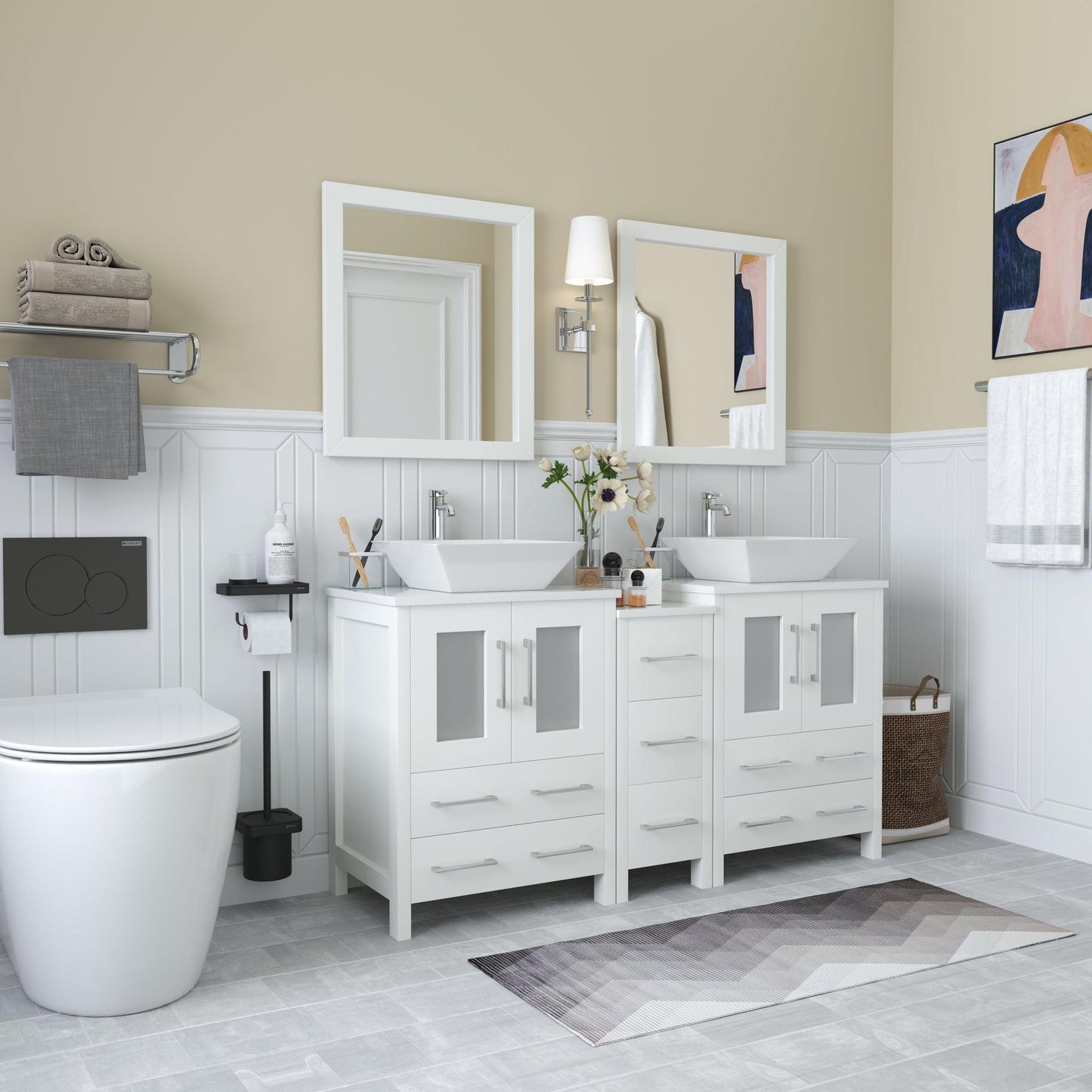 Vanity Art Ravenna 60" Double White Freestanding Vanity Set With White Engineered Marble Top, 2 Ceramic Vessel Sinks, 1 Side Cabinet and 2 Mirrors