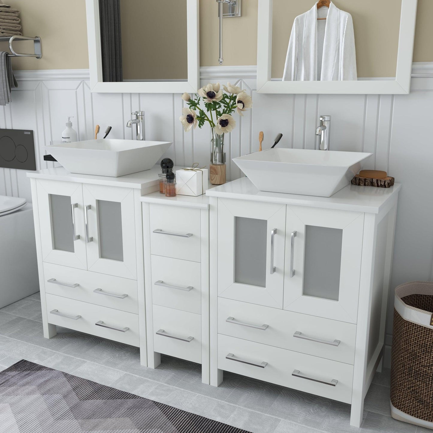 Vanity Art Ravenna 60" Double White Freestanding Vanity Set With White Engineered Marble Top, 2 Ceramic Vessel Sinks, 1 Side Cabinet and 2 Mirrors