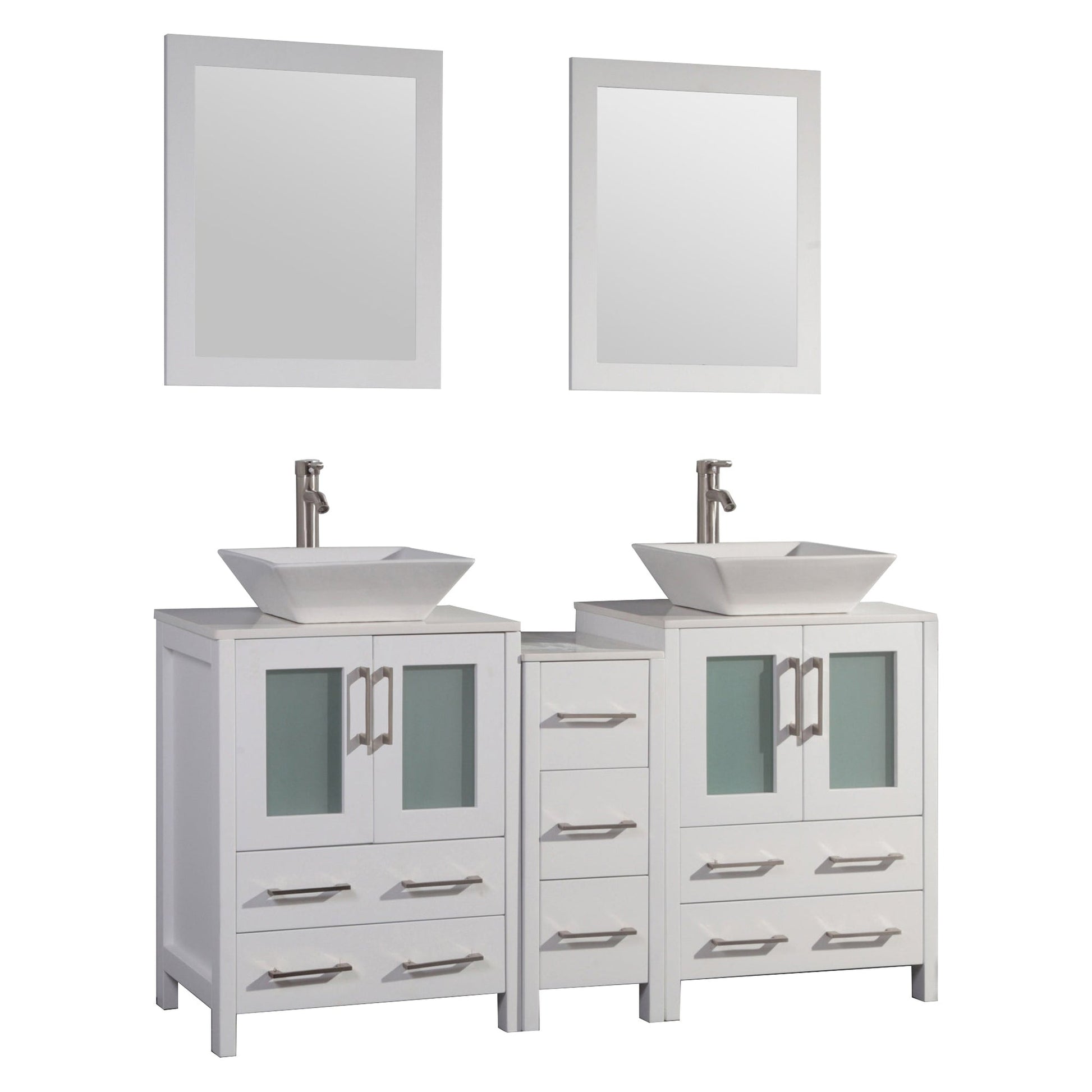 Vanity Art Ravenna 60" Double White Freestanding Vanity Set With White Engineered Marble Top, 2 Ceramic Vessel Sinks, 1 Side Cabinet and 2 Mirrors