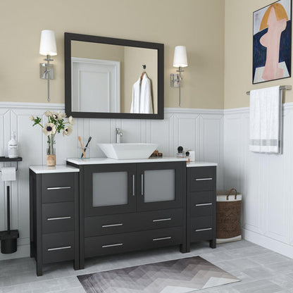 Vanity Art Ravenna 60" Single Espresso Freestanding Vanity Set With White Engineered Marble Top, Ceramic Vessel Sink, 2 Side Cabinets and Mirror