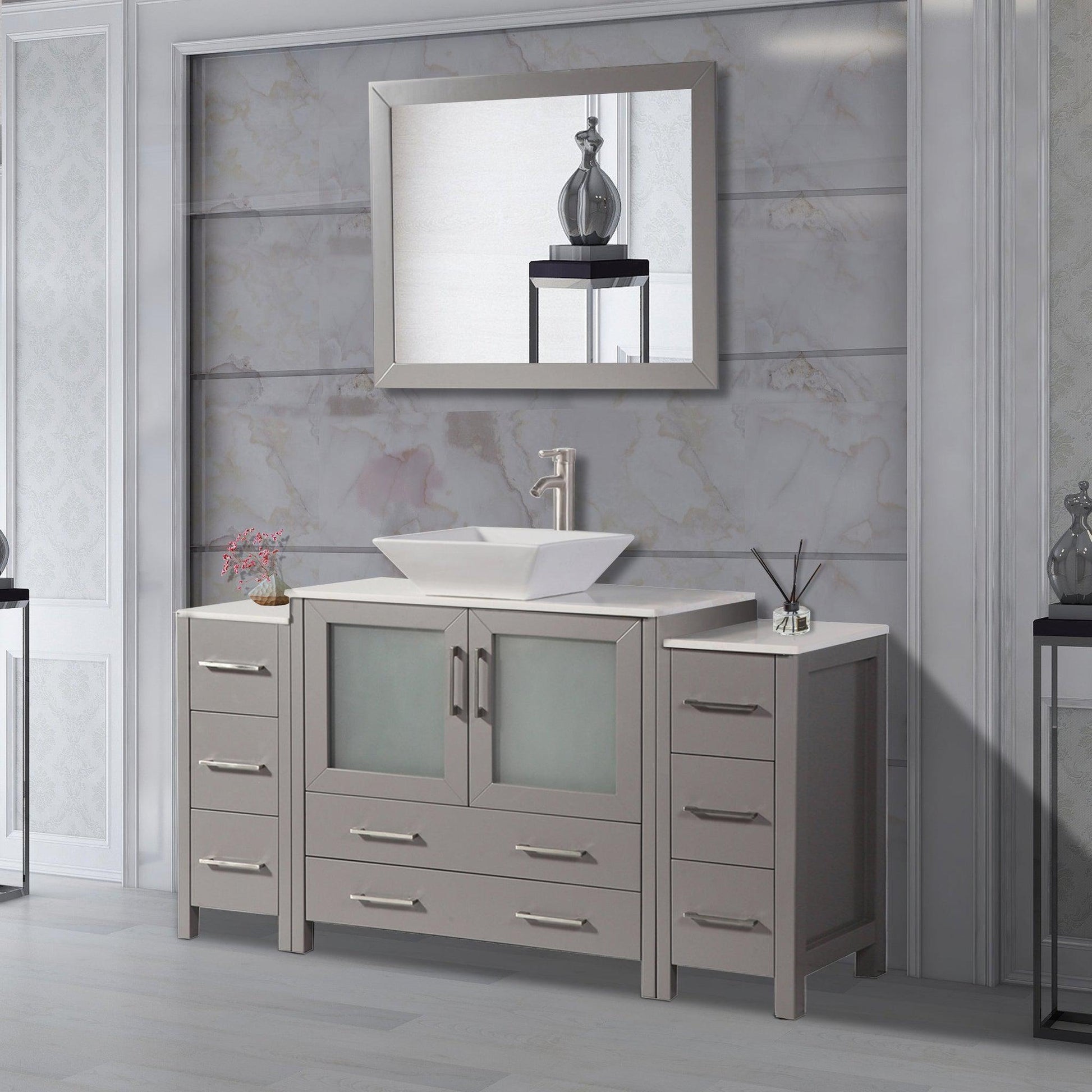 Vanity Art Ravenna 60" Single Gray Freestanding Vanity Set With White Engineered Marble Top, Ceramic Vessel Sink, 2 Side Cabinets and Mirror