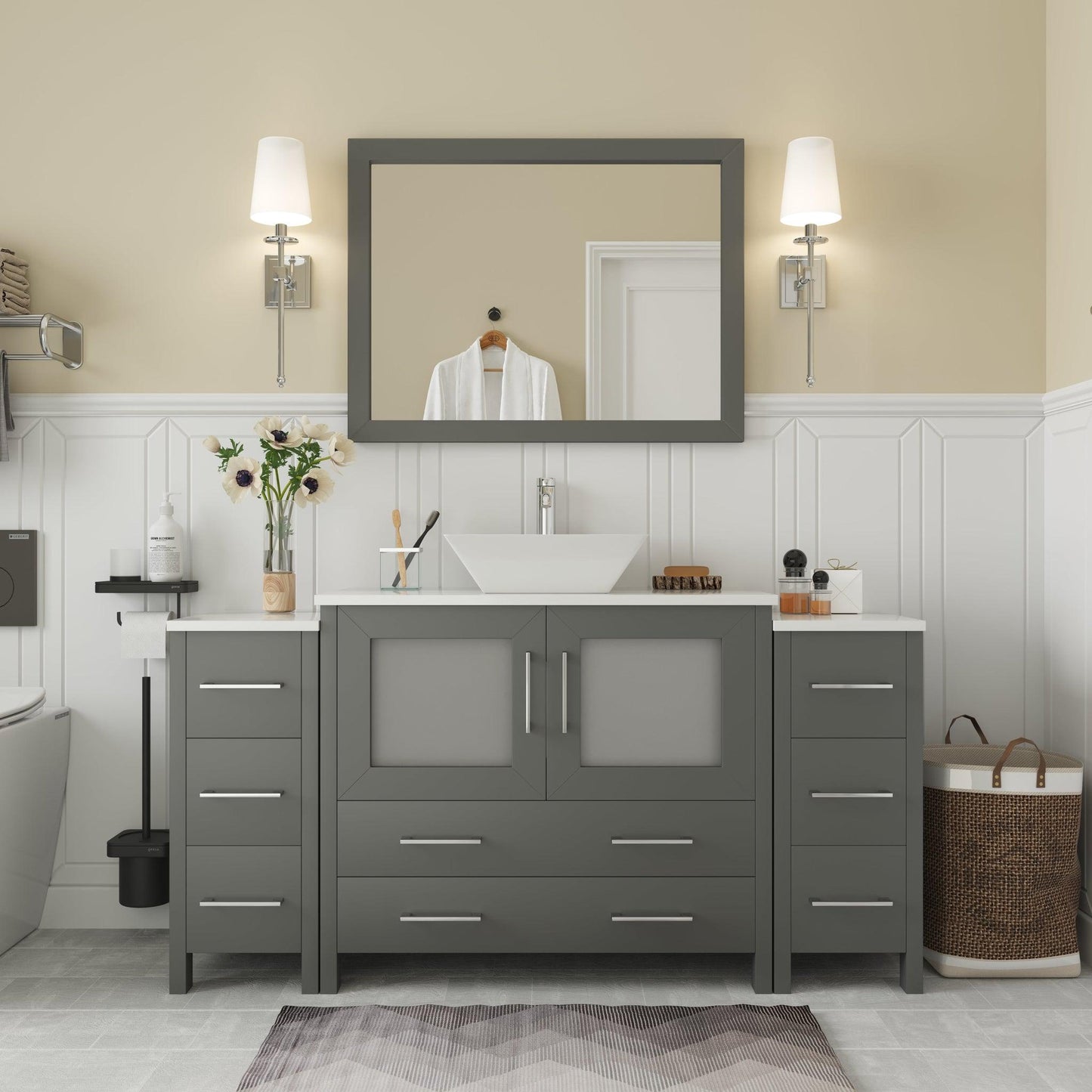 Vanity Art Ravenna 60" Single Gray Freestanding Vanity Set With White Engineered Marble Top, Ceramic Vessel Sink, 2 Side Cabinets and Mirror