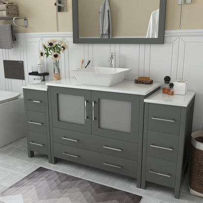 Vanity Art Ravenna 60" Single Gray Freestanding Vanity Set With White Engineered Marble Top, Ceramic Vessel Sink, 2 Side Cabinets and Mirror