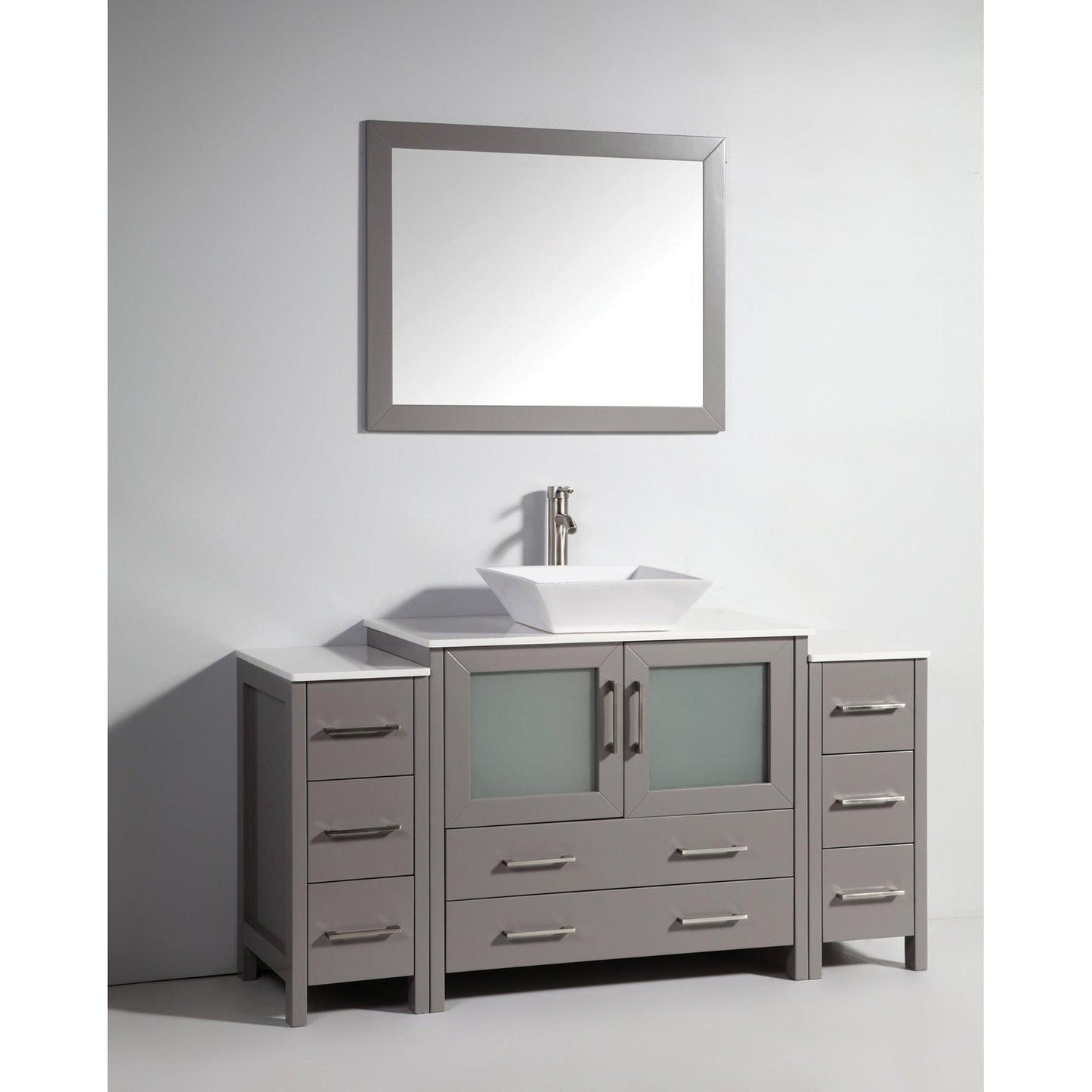 Vanity Art Ravenna 60" Single Gray Freestanding Vanity Set With White Engineered Marble Top, Ceramic Vessel Sink, 2 Side Cabinets and Mirror