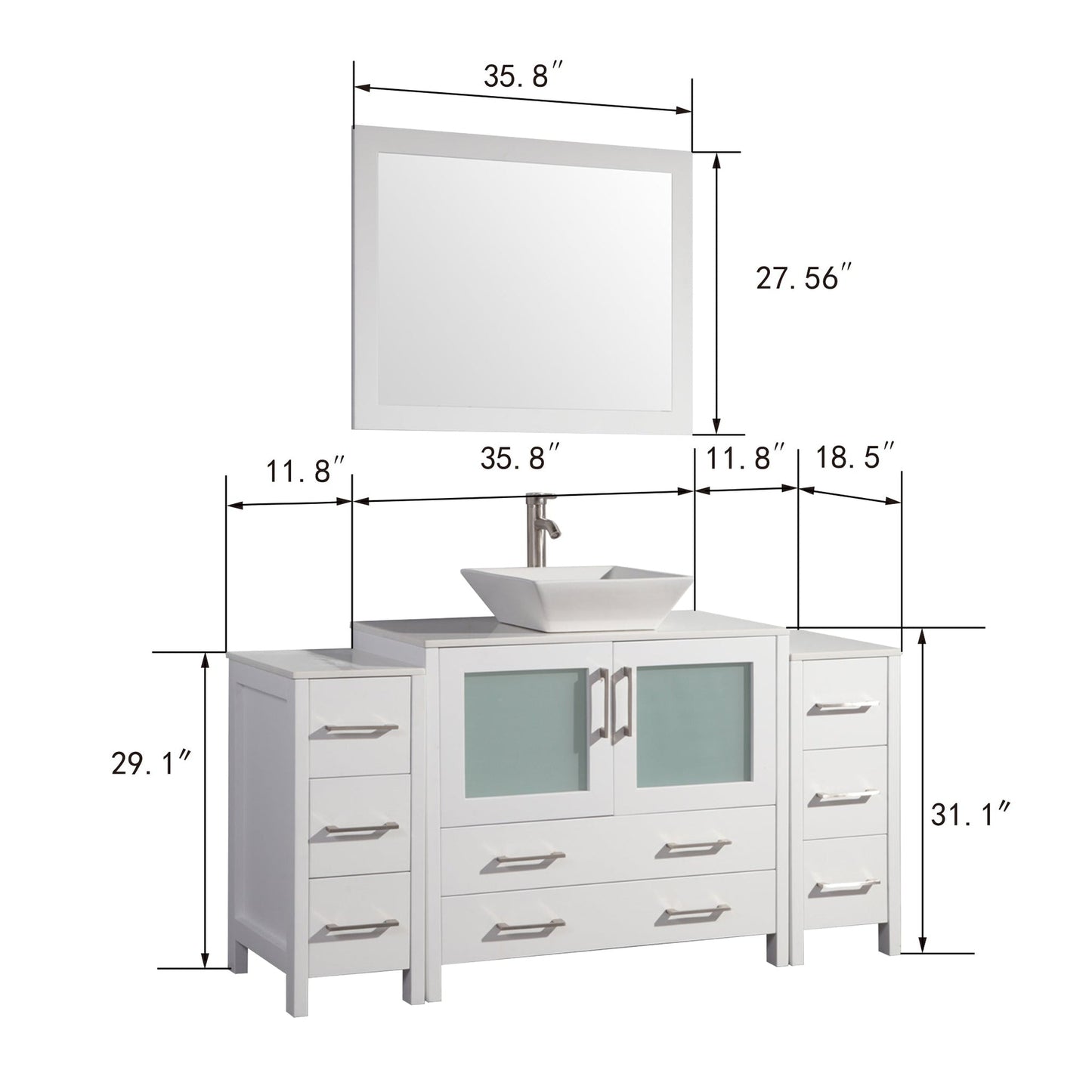 Vanity Art Ravenna 60" Single White Freestanding Vanity Set With White Engineered Marble Top, Ceramic Vessel Sink, 2 Side Cabinets and Mirror