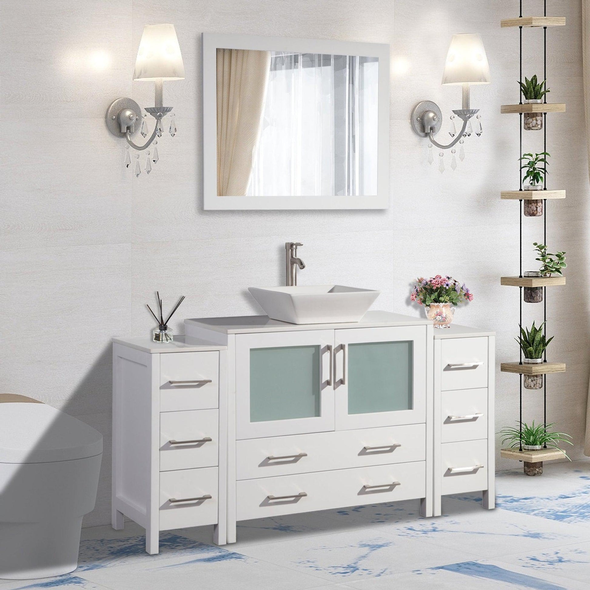 Vanity Art Ravenna 60" Single White Freestanding Vanity Set With White Engineered Marble Top, Ceramic Vessel Sink, 2 Side Cabinets and Mirror