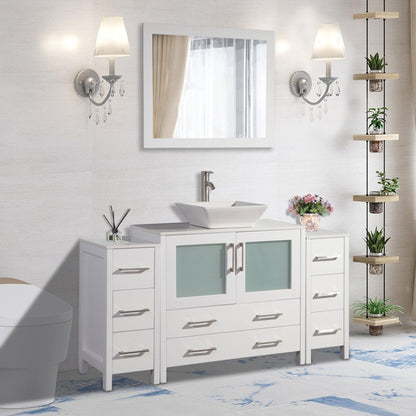 Vanity Art Ravenna 60" Single White Freestanding Vanity Set With White Engineered Marble Top, Ceramic Vessel Sink, 2 Side Cabinets and Mirror