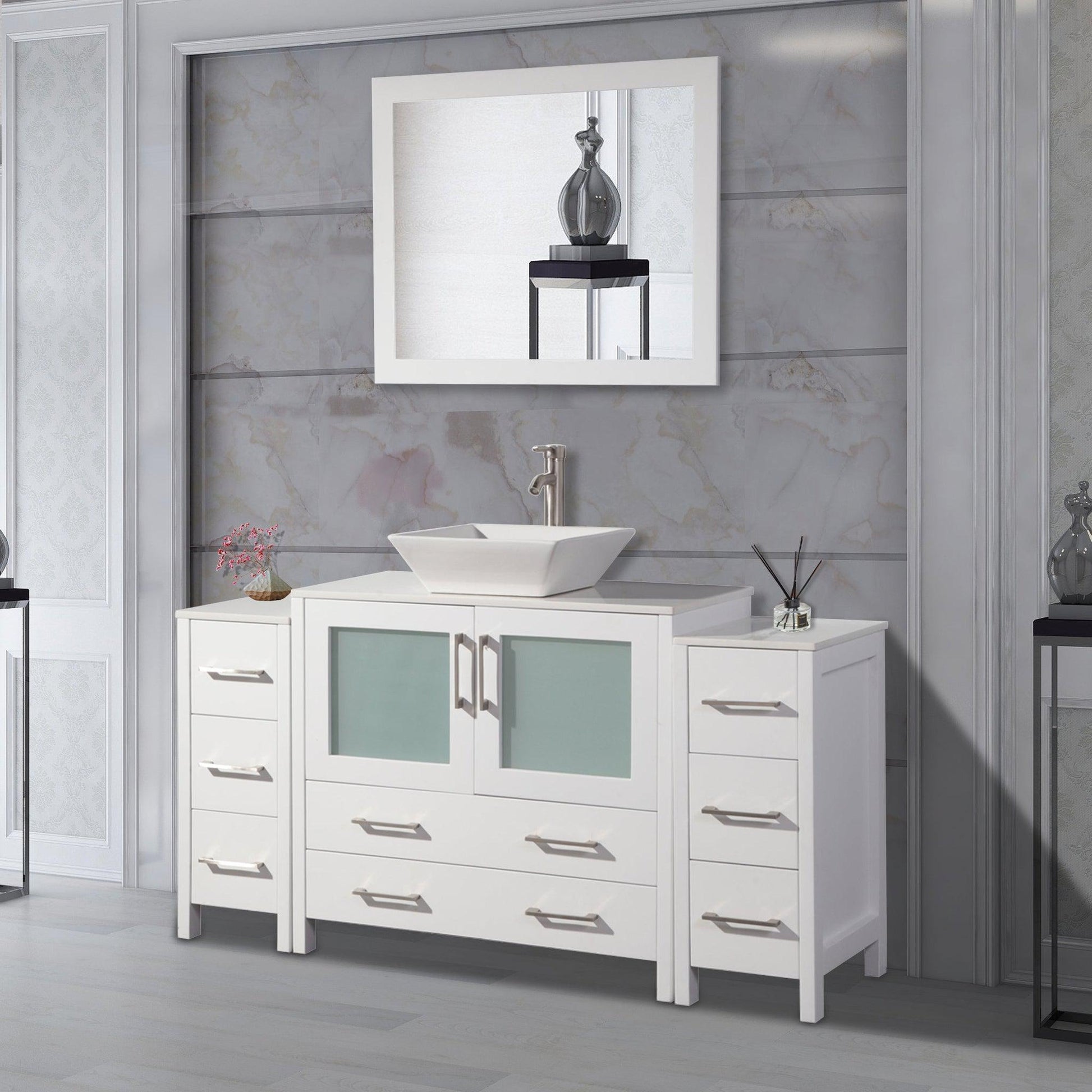 Vanity Art Ravenna 60" Single White Freestanding Vanity Set With White Engineered Marble Top, Ceramic Vessel Sink, 2 Side Cabinets and Mirror