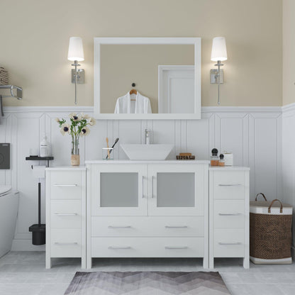 Vanity Art Ravenna 60" Single White Freestanding Vanity Set With White Engineered Marble Top, Ceramic Vessel Sink, 2 Side Cabinets and Mirror