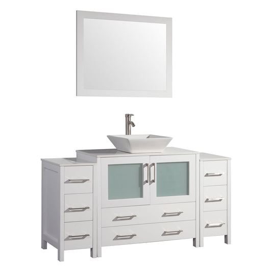 Vanity Art Ravenna 60" Single White Freestanding Vanity Set With White Engineered Marble Top, Ceramic Vessel Sink, 2 Side Cabinets and Mirror