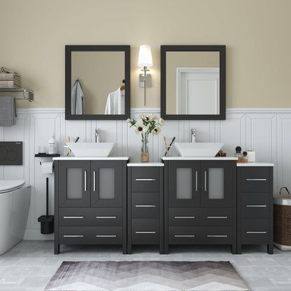 Vanity Art Ravenna 72" Double Espresso Freestanding Vanity Set With White Engineered Marble Top, 2 Ceramic Vessel Sinks, 2 Side Cabinets and 2 Mirrors