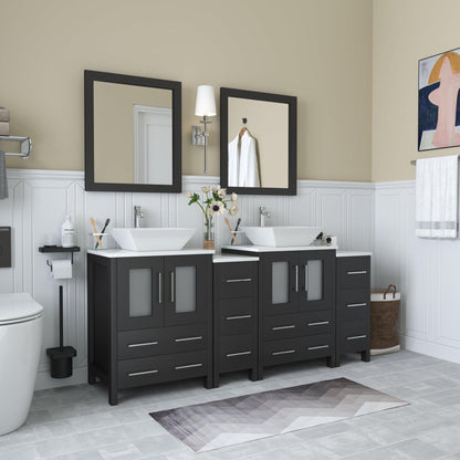 Vanity Art Ravenna 72" Double Espresso Freestanding Vanity Set With White Engineered Marble Top, 2 Ceramic Vessel Sinks, 2 Side Cabinets and 2 Mirrors