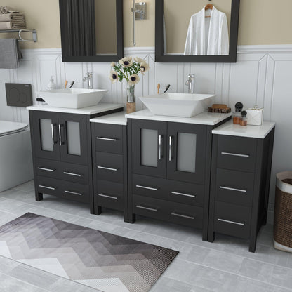 Vanity Art Ravenna 72" Double Espresso Freestanding Vanity Set With White Engineered Marble Top, 2 Ceramic Vessel Sinks, 2 Side Cabinets and 2 Mirrors