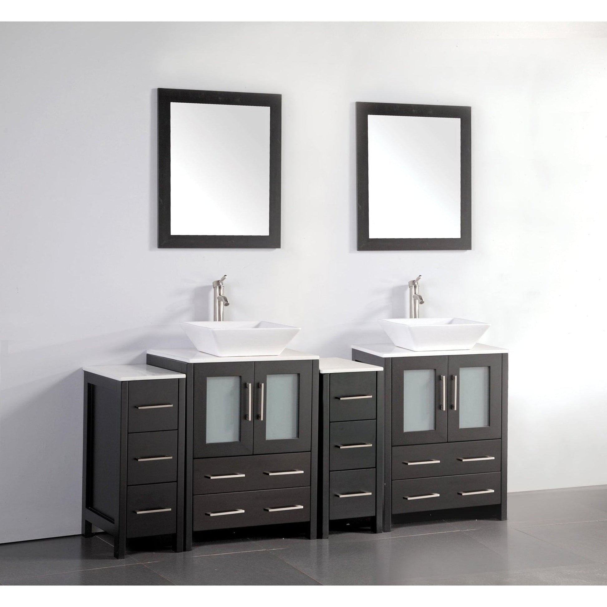 Vanity Art Ravenna 72" Double Espresso Freestanding Vanity Set With White Engineered Marble Top, 2 Ceramic Vessel Sinks, 2 Side Cabinets and 2 Mirrors