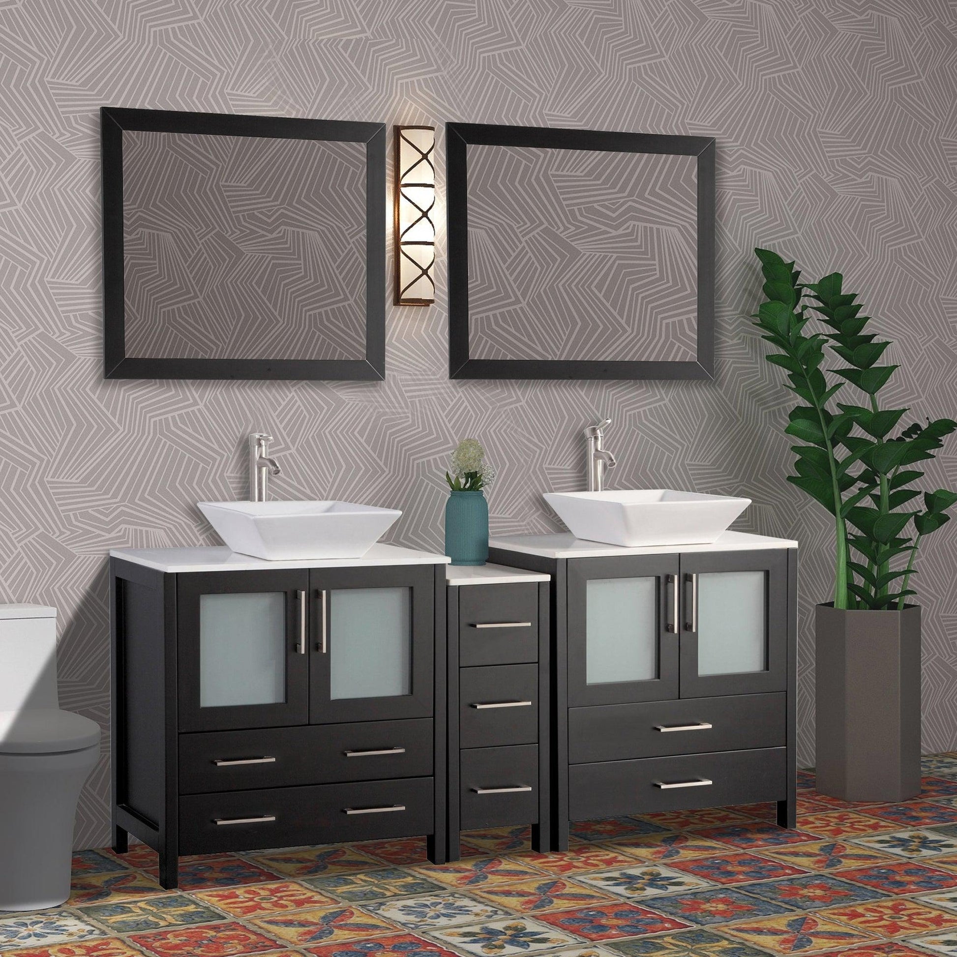 Vanity Art Ravenna 72" Double Espresso Freestanding Vanity Set With White Engineered Marble Top, Ceramic Vessel Sink, 1 Side Cabinet and 2 Mirrors