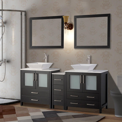 Vanity Art Ravenna 72" Double Espresso Freestanding Vanity Set With White Engineered Marble Top, Ceramic Vessel Sink, 1 Side Cabinet and 2 Mirrors