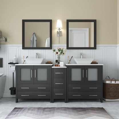 Vanity Art Ravenna 72" Double Espresso Freestanding Vanity Set With White Engineered Marble Top, Ceramic Vessel Sink, 1 Side Cabinet and 2 Mirrors