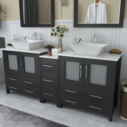 Vanity Art Ravenna 72" Double Espresso Freestanding Vanity Set With White Engineered Marble Top, Ceramic Vessel Sink, 1 Side Cabinet and 2 Mirrors