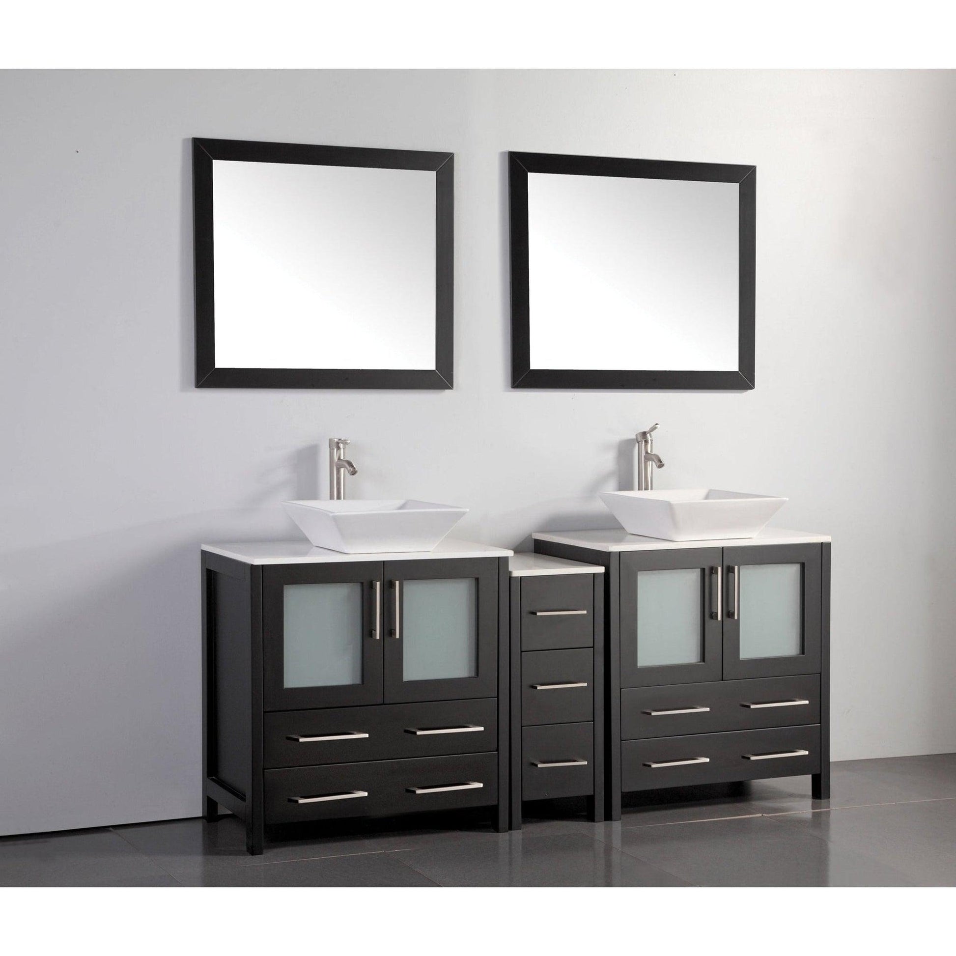 Vanity Art Ravenna 72" Double Espresso Freestanding Vanity Set With White Engineered Marble Top, Ceramic Vessel Sink, 1 Side Cabinet and 2 Mirrors