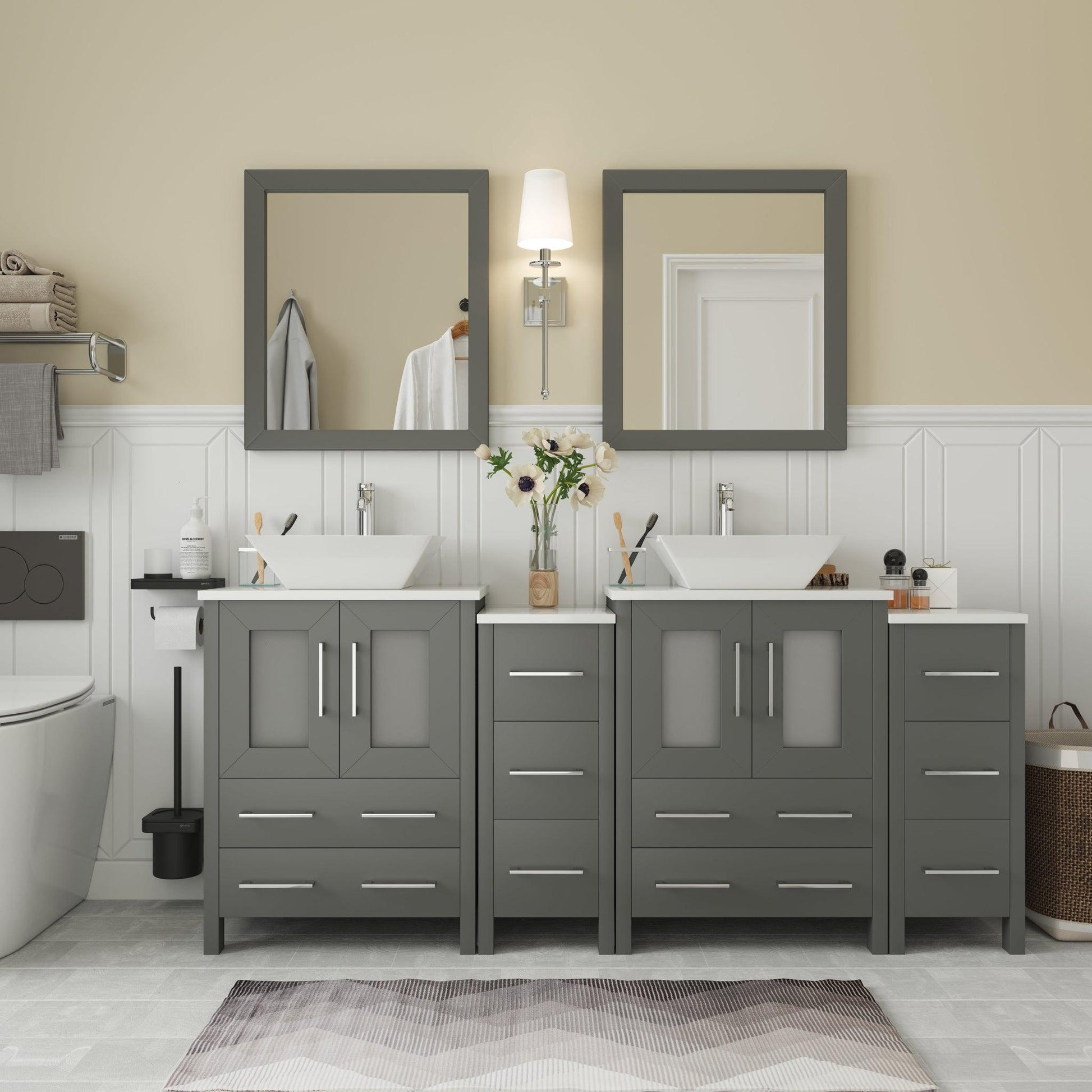 Vanity Art Ravenna 72" Double Gray Freestanding Vanity Set With White Engineered Marble Top, 2 Ceramic Vessel Sinks, 2 Side Cabinets and 2 Mirrors