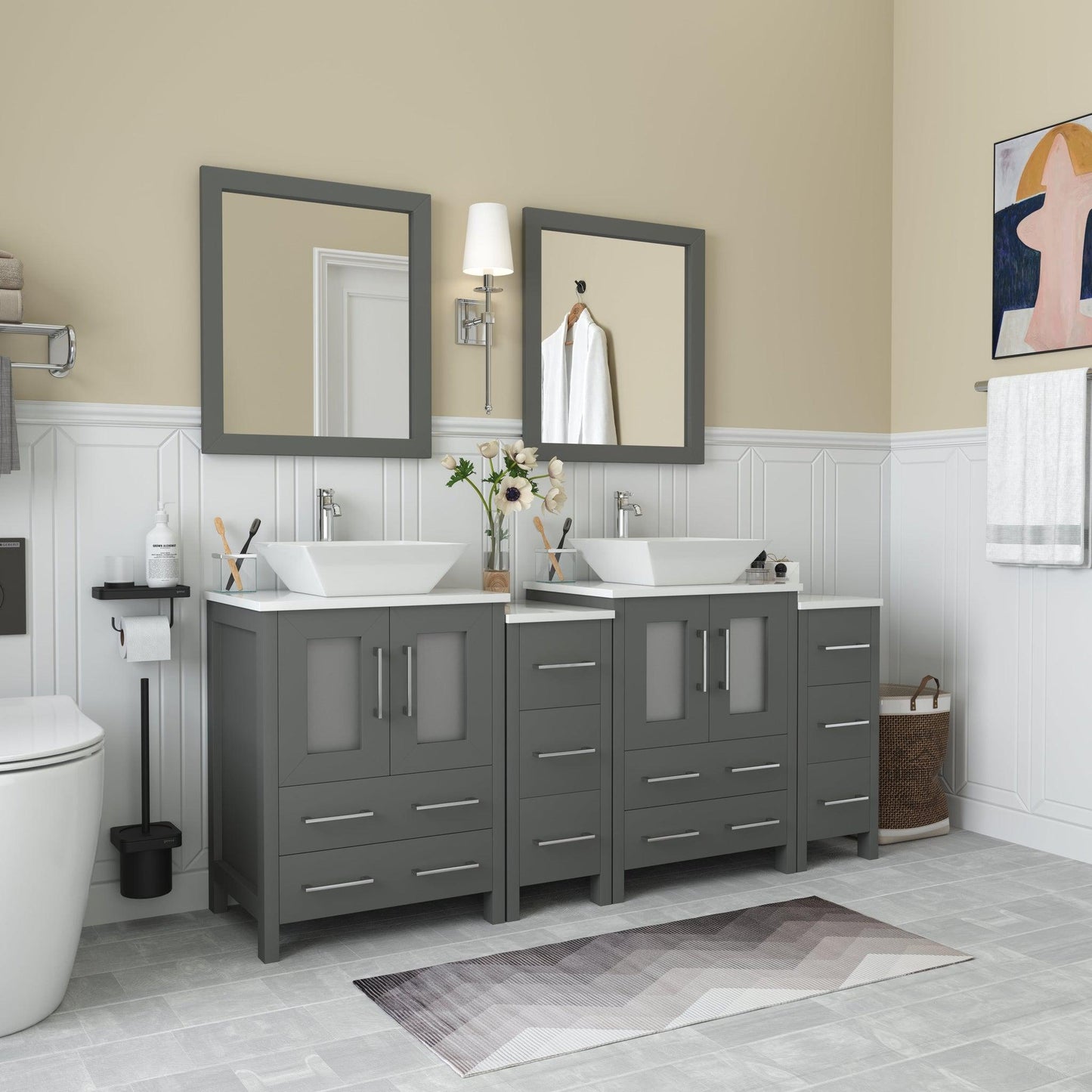 Vanity Art Ravenna 72" Double Gray Freestanding Vanity Set With White Engineered Marble Top, 2 Ceramic Vessel Sinks, 2 Side Cabinets and 2 Mirrors
