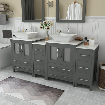 Vanity Art Ravenna 72" Double Gray Freestanding Vanity Set With White Engineered Marble Top, 2 Ceramic Vessel Sinks, 2 Side Cabinets and 2 Mirrors