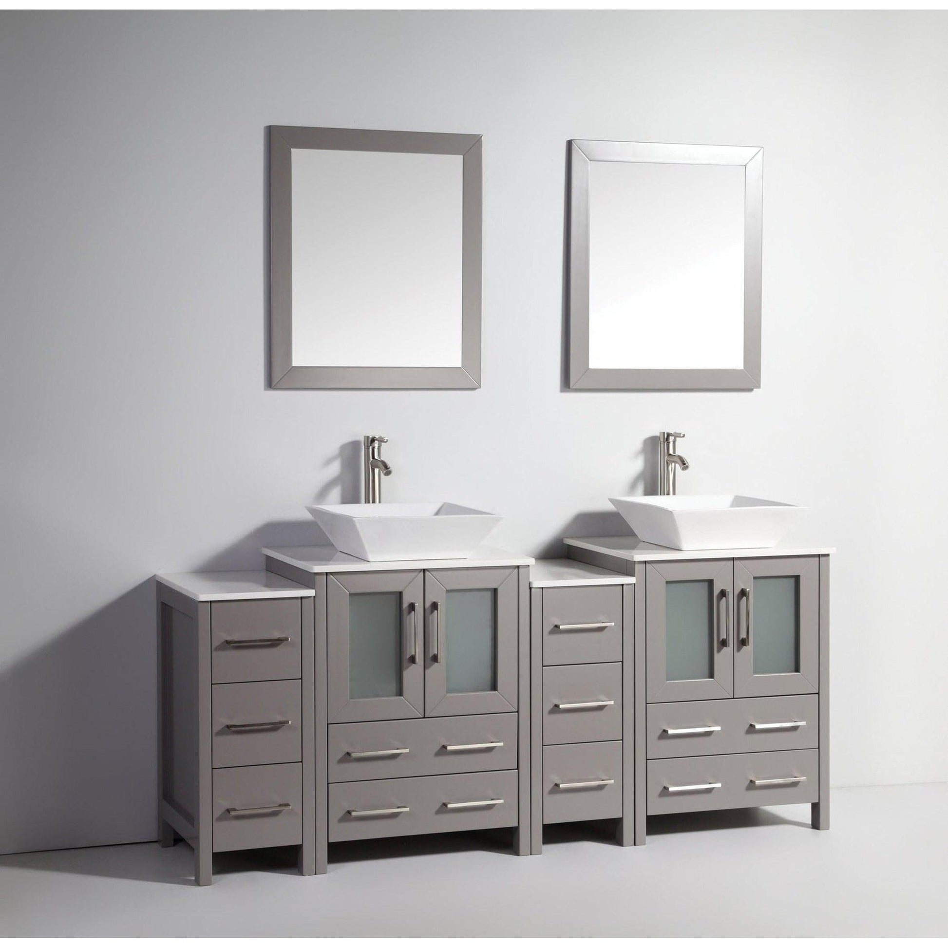 Vanity Art Ravenna 72" Double Gray Freestanding Vanity Set With White Engineered Marble Top, 2 Ceramic Vessel Sinks, 2 Side Cabinets and 2 Mirrors