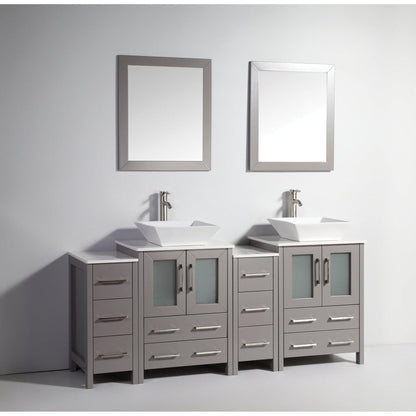 Vanity Art Ravenna 72" Double Gray Freestanding Vanity Set With White Engineered Marble Top, 2 Ceramic Vessel Sinks, 2 Side Cabinets and 2 Mirrors