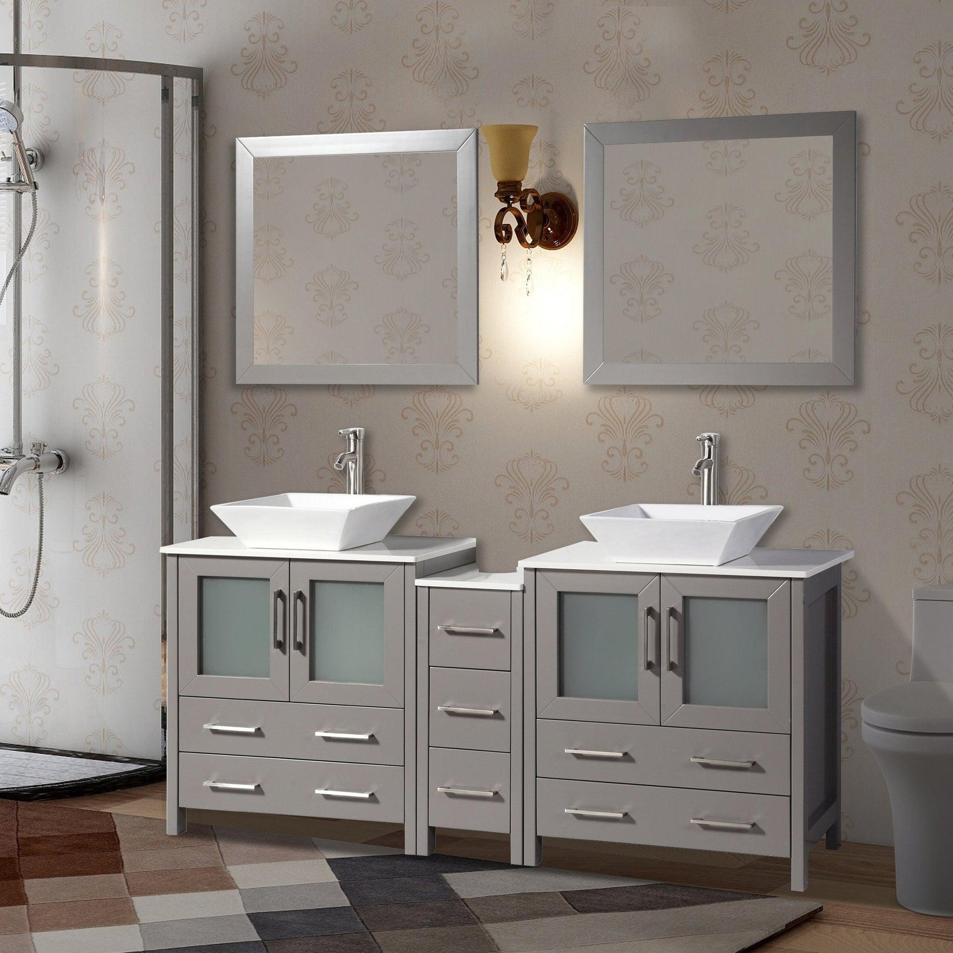 Vanity Art Ravenna 72" Double Gray Freestanding Vanity Set With White Engineered Marble Top, Ceramic Vessel Sink, 1 Side Cabinet and 2 Mirrors