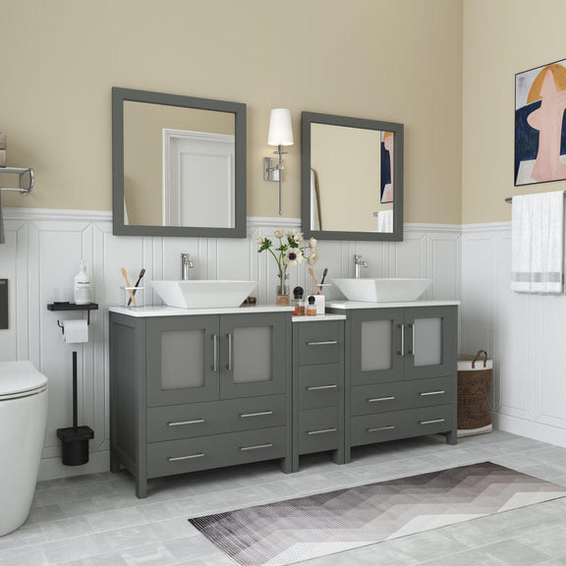 Vanity Art Ravenna 72" Double Gray Freestanding Vanity Set With White Engineered Marble Top, Ceramic Vessel Sink, 1 Side Cabinet and 2 Mirrors