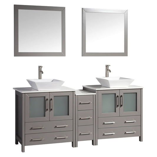 Vanity Art Ravenna 72" Double Gray Freestanding Vanity Set With White Engineered Marble Top, Ceramic Vessel Sink, 1 Side Cabinet and 2 Mirrors
