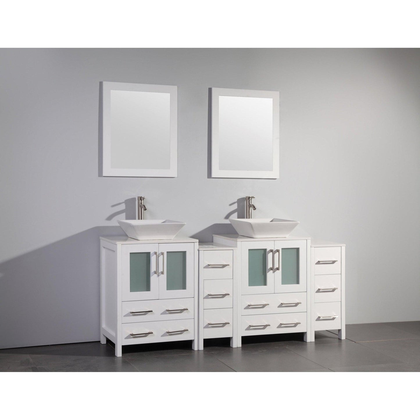 Vanity Art Ravenna 72" Double White Freestanding Vanity Set With White Engineered Marble Top, 2 Ceramic Vessel Sinks, 2 Side Cabinets and 2 Mirrors