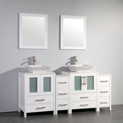 Vanity Art Ravenna 72" Double White Freestanding Vanity Set With White Engineered Marble Top, 2 Ceramic Vessel Sinks, 2 Side Cabinets and 2 Mirrors