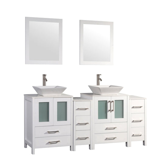Vanity Art Ravenna 72" Double White Freestanding Vanity Set With White Engineered Marble Top, 2 Ceramic Vessel Sinks, 2 Side Cabinets and 2 Mirrors