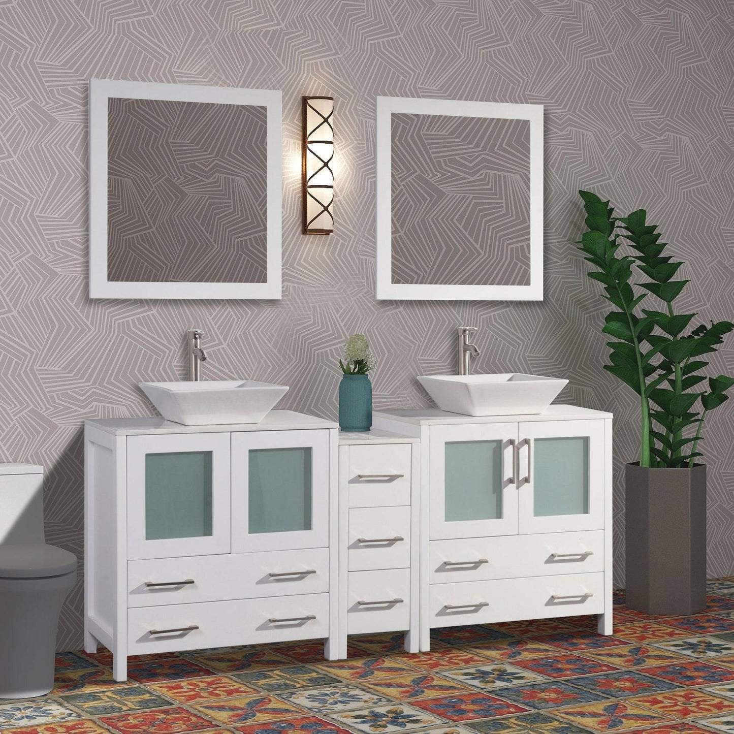 Vanity Art Ravenna 72" Double White Freestanding Vanity Set With White Engineered Marble Top, Ceramic Vessel Sink, 1 Side Cabinet and 2 Mirrors