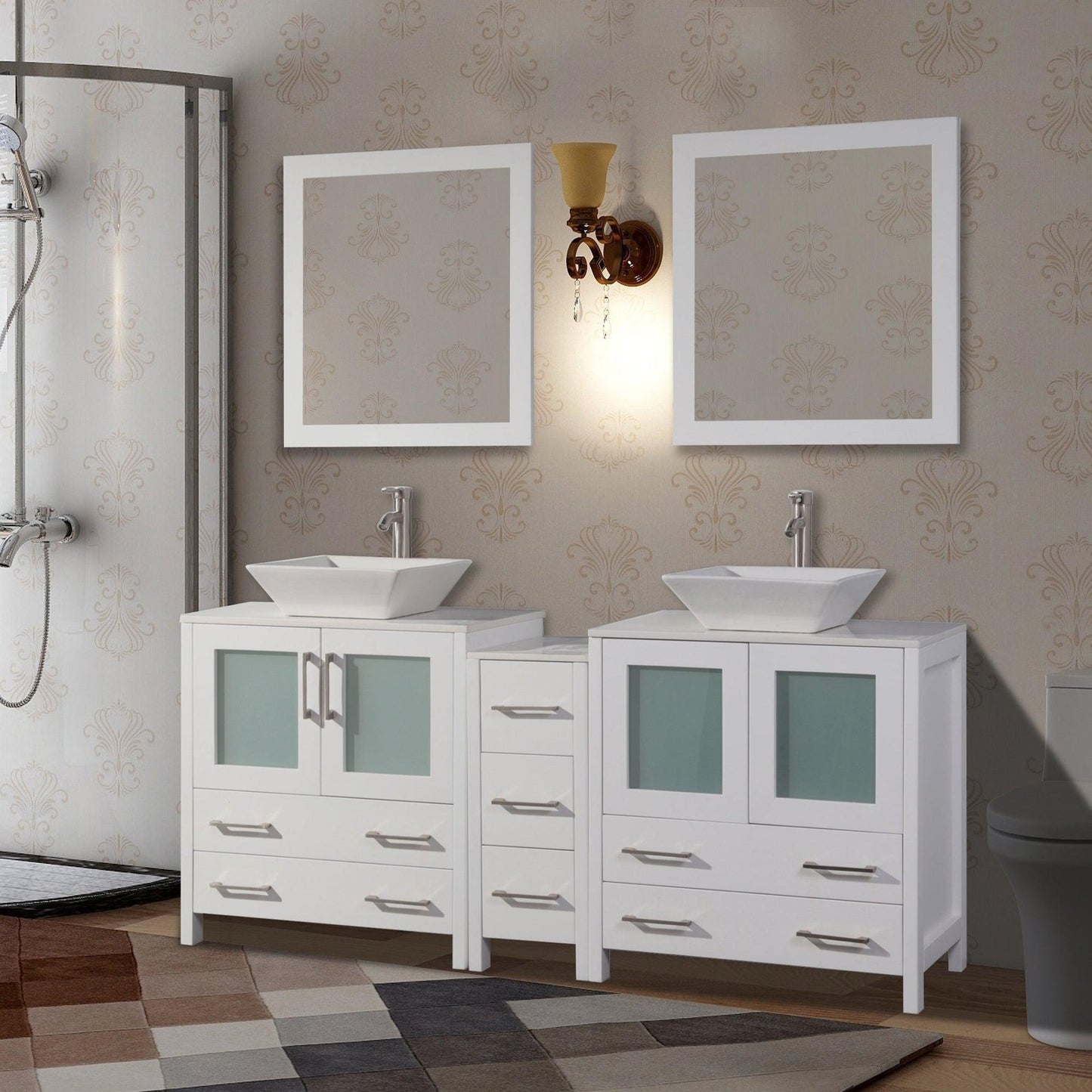 Vanity Art Ravenna 72" Double White Freestanding Vanity Set With White Engineered Marble Top, Ceramic Vessel Sink, 1 Side Cabinet and 2 Mirrors