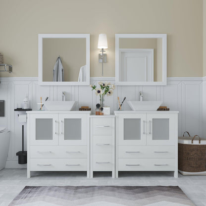 Vanity Art Ravenna 72" Double White Freestanding Vanity Set With White Engineered Marble Top, Ceramic Vessel Sink, 1 Side Cabinet and 2 Mirrors