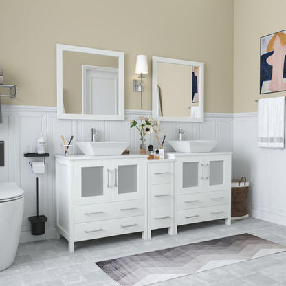 Vanity Art Ravenna 72" Double White Freestanding Vanity Set With White Engineered Marble Top, Ceramic Vessel Sink, 1 Side Cabinet and 2 Mirrors