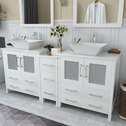 Vanity Art Ravenna 72" Double White Freestanding Vanity Set With White Engineered Marble Top, Ceramic Vessel Sink, 1 Side Cabinet and 2 Mirrors