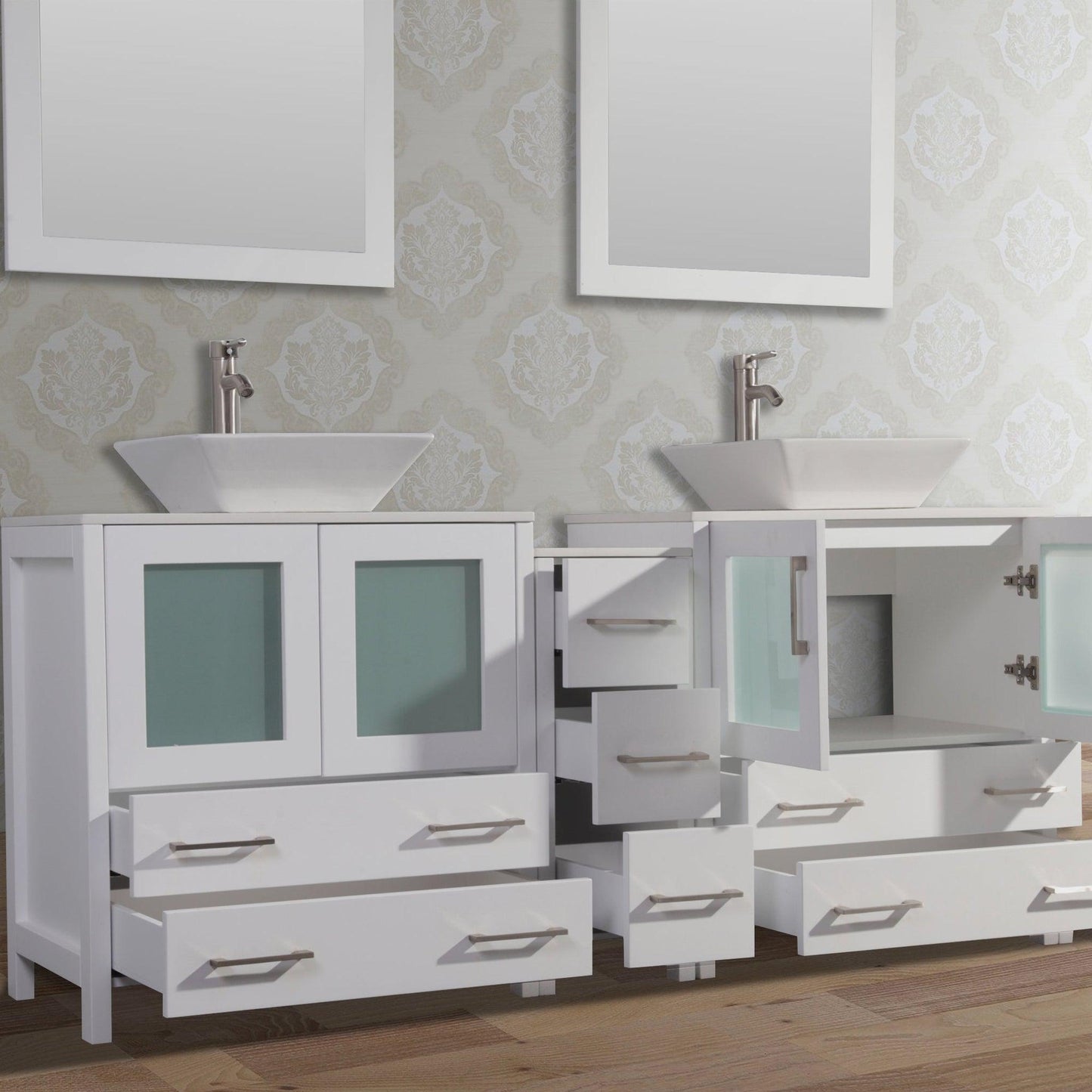 Vanity Art Ravenna 72" Double White Freestanding Vanity Set With White Engineered Marble Top, Ceramic Vessel Sink, 1 Side Cabinet and 2 Mirrors